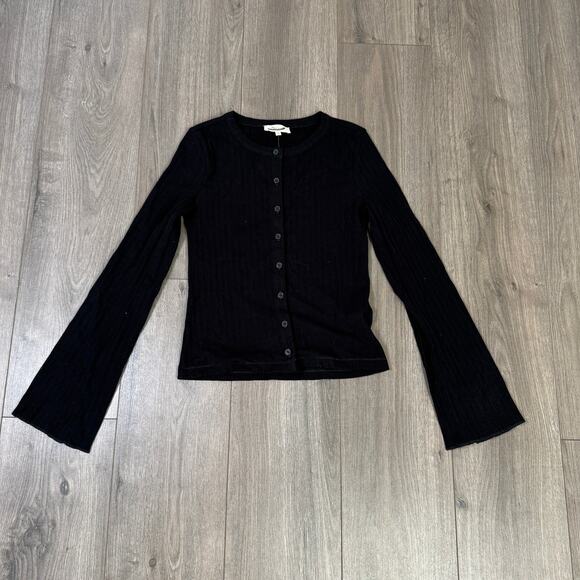 Madewell Flared-Sleeve Cardigan S Jet Black Button Up Crewneck Variegated Cotton - Picture 3 of 7